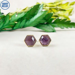 Boucles d'oreilles clous hexagonales en argent sterling 925 avec améthyste de 8 mm |   Bijoux en pierres précieuses naturelles pour femmes, à porter au quotidien - Product Image 2