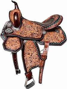 Selle Western en cuir véritable marron à motifs floraux, avec arceau en bois, pour la course de barils, portable, prête à être expédiée - Product Image 3