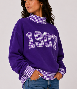 Sweat-shirt à col roulé violet pour femme 1907, patchwork à carreaux, imprimé lettres, en polaire, style streetwear décontracté, pour l'automne - Product Image 2