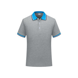 Polo de Algodón Gris para Hombre, Manga Corta, Color Sólido, Transpirable, Informal, Tejido de Punto, Corte Regular, Cuello con Ribete Azul - Product Image 1