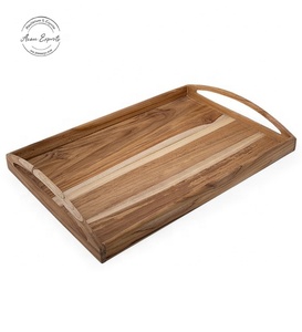 Bandeja clásica de madera para servir con asas curvas, acabado liso, ideal para cocina, mesa de comedor, barra de café, decoración del hogar. - Product Image 1