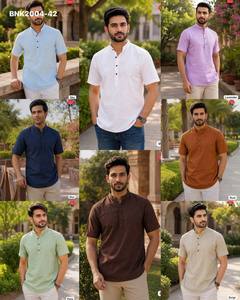 High Quality Khadi Linen with Solid & Half Sleeve Mandarin Collar & Side Slit <b>Man's</b> Short <b>Kurta</b> Collection Supplier from Surat - Product Image 4