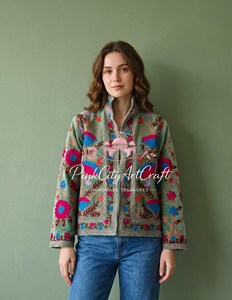 Premium Handcrafted Breathable <b>Quilted</b> Sage Green Velvet Kashmiri Crewel Full-Sleeve Embroidered Jacket <b>for</b> Women - Product Image 3