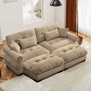 Divano Moderno Oversize a 2 Posti in Velluto con Poggiapiedi, Braccioli Imbottiti e Cuscino Lombare - Cuscini Decorativi Inclusi per Soggiorno - Product Image 1