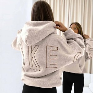 2026 Sherpa <b>American</b> Fleece Women's Winter Loose Pullover Hooded Top Pocket Full Sleeve Solid Knitted Embroidery - Product Image 6