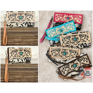 New Customized Hand Tooled Cowhide Leather <b>Wallet</b> With Detachable Wristlet for Women Genuine Leather Durable Clutch for Women's - Product Image 1