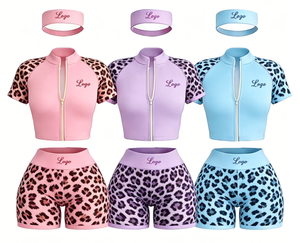 Women's Tracksuit Set Short Sleeve Zipper Crop Top High Waist Shorts Solid Color Breathable Lightweight Summer Wear - Product Image 2