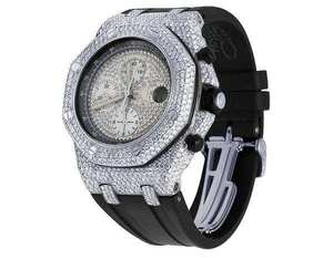 Montre pour homme à cadran blanc, mouvement automatique à quartz, diamants VVS, moissanite, bracelet en caoutchouc noir, prix bas, en solde. - Product Image 1