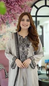 <b>Women</b> Faux Chiffon A-Line Maxi Modern Kurti Set with Dupatta Floral Embroidered Long Top Ethnic <b>Wedding</b> Party Outfit - Product Image 2