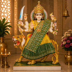 Green Saree Marble Durga Maa Statue on Tiger | Handcrafted Durga Mata Murti with Ornate Crown by MALIYAS Jaipur - Product Image 1