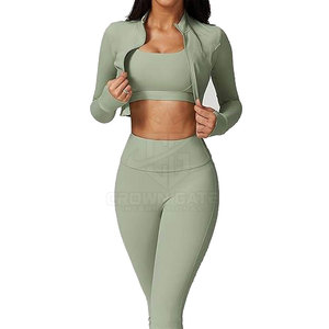 Wholesale Made Custom 3 Piece Crop Top <b>Set</b> Seamless Sportswear Outfit With Long Sleeve Jacket Bra And Leggings - Product Image 3