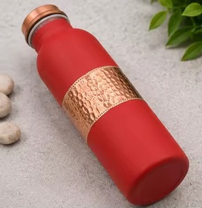 Matt Red Copper Water Bottle With Hammered Band Modern Design Portable Travel <b>Drinkware</b> - Product Image 1