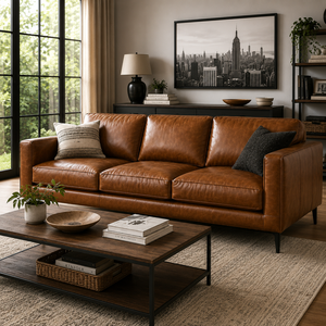 Modern Genuine Leather <b>Sofa</b> 3 Seater Mid Century Modern Couch with Slim Track Arms and Metal <b>Legs</b> <b>for</b> Living Room Furniture - Product Image 1