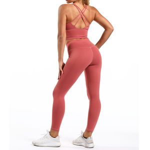 Seamless 2 Piece Yoga Set Women High Waist <b>Leggings</b> Solid <b>Pink</b> Sports Wear Racerback Crop Top Full Length Activewear Solid Color - Product Image 6