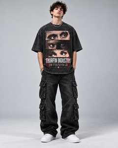T-shirt noir surdimensionné Thorfin Industry pour homme avec imprimé photo d'œil, style streetwear, manches courtes, col rond, en coton, prix de gros - Product Image 6