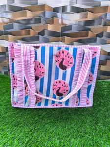 Sac fourre-tout d'été de plage en toile de coton bleu uni imprimé paon, style bohème, matelassé, design spacieux, fermeture éclair - Product Image 4