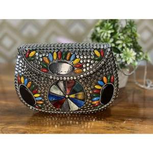 Designer Antique <b>Silver</b> Crystal Metal <b>Clutch</b> for Women Fashion Accessories - Product Image 6