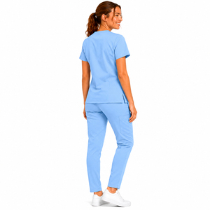 Ensemble de tenue médicale personnalisé pour femme, bleu clair, haut à col en V et pantalon, en coton et polyester tricoté, style jogger extensible, pour hôpital - Product Image 4