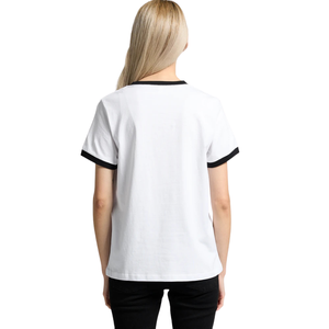 T-shirt à col rond et manches courtes pour femme, avec bordure contrastante, coupe classique, imprimé discret sur la poitrine, en jersey de coton, style Ringer, vente en gros, personnalisable, OEM - Product Image 3
