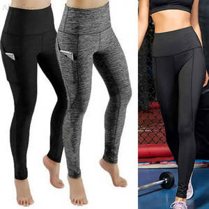 Legging de yoga taille haute en satin élastique pour femme, effet ventre plat, froncé, avec poche, sans couture, écologique, compression - Product Image 1
