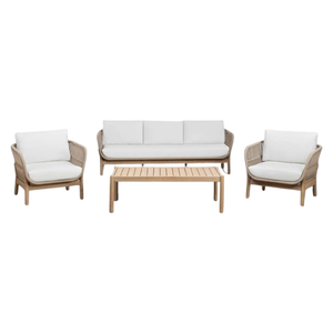 Scandinavian Outdoor Garden <b>Sofa</b> Three Seat Wicker <b>Rattan</b> Wood Frame White Cushion Durable Patio Furniture - Product Image 5