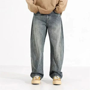 Jeans baggy droits personnalisés pour hommes, style streetwear, en denim de coton délavé foncé, effet usé, vintage et tendance - Product Image 4