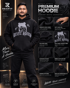 เสื้อฮู้ดพิมพ์ลายอนิเมะสีดำสำหรับผู้ชาย REXFIT SPORTS ทรงโอเวอร์ไซส์ สไตล์ลำลอง สตรีทแวร์ มีกระเป๋าหน้า ดีไซน์มีฮู้ด บริการ OEM 100% - Product Image 2