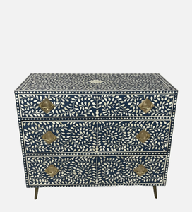 Commode à 3 tiroirs en bois fait main avec incrustations florales bleues et blanches, meuble de salon moderne du milieu du siècle - Product Image 4