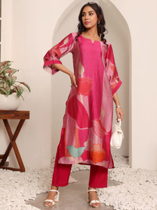 Pink Digital Printed Silk <b>Kurta</b> Set With Loose Fit Knee Length <b>Kurta</b> And Palazzo Pants For <b>Women</b> Casual Wear Summer Style - Product Image 3