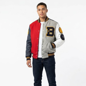 Men's Color Block Varsity <b>Jacket</b> With Embroidered B Logo And Patch Designs Preppy Style Autumn Wear - Product Image 3