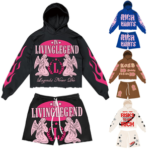 Ensemble sweat à capuche et short Rich Habits unisexe, streetwear, manches longues, cordon de serrage, coupe ample, imprimé flamme rose, 100% polyester, survêtement - Product Image 3