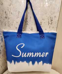 Blue <b>Canvas</b> Beach Tote <b>Bag</b> Summer Letter Print <b>Large</b> Shopping Carry <b>Bag</b> for Travel Shops - Product Image 1