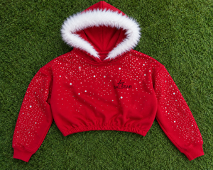 SALSTAR Sweat à capuche court rouge avec bordure en fourrure blanche, imprimé à pois scintillants, veste polaire pour femme, pull d'hiver à manches longues - Product Image 6