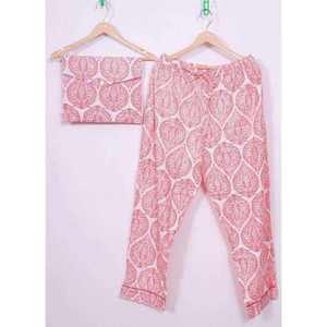 Ensemble pyjama 2 pièces en satin 100 % coton pour femme, motif ethnique imprimé à la main, taille élastique, manches longues, design simple, collection automne 2026 - Product Image 1