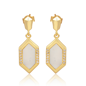 Classic Drop Ethnic Hexagon <b>Earrings</b> with Mother of <b>Pearl</b> and CZ Gemstone in Gold Over <b>Silver</b> for Women - Product Image 1