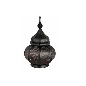Farol marroquí de metal para decoración de interiores del hogar con acabado negro antiguo y patrones artísticos. - Product Image 1