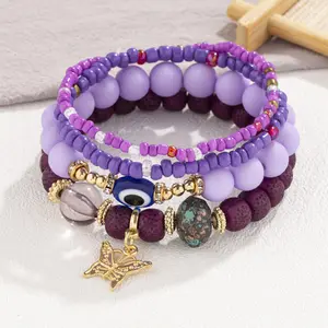 Bestone Wholesale Vintage Butterfly Multi-Layered Mixed Color Bead Bracelet Bohemian Layered Seed Beads Bracelet for Women