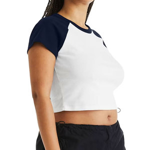 Camiseta Corta para Mujer, Lisa, de Color Sólido, Manga Corta, Cuello Redondo, Tejido Acanalado, Elástica, Informal para Uso Diario - Product Image 3