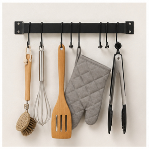 Support mural robuste pour ustensiles de cuisine avec crochets coulissants, rail de suspension en métal noir mat pour spatules, poêles et tasses - Product Image 2