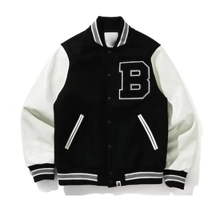 Veste universitaire pour hommes, veste de baseball personnalisée noire et blanche, logo brodé, boutons pression - Product Image 1