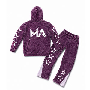 Purple Acid Wash Hooded Tracksuit Set With White Stars And 350 gsm Full Length Drawstring Pants 100% Cotton Streetwear - Product Image 2