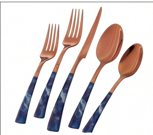 Modern Copper Finish Flatware Set With Blue Marbled Handles <b>Mirror</b> Rose Gold PVD Dishwasher Safe For Wedding And Home Use - Product Image 1