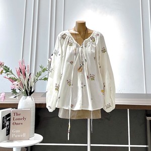 Chemisier brodé pour femme, style coréen, manches longues, léger, décontracté, coupe ample - Product Image 1