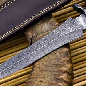 Couteau à lame fixe en acier Damas fait main, 30 cm, manche en corne de cerf avec étui en cuir, pour camping, survie, chasse, tranchant comme un rasoir, DIY - Product Image 5