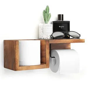 bathroom accessories paper holder Wooden Toilet Paper Holder Wall Mount with Shelf wood paper towel