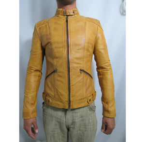 Chaqueta de Motociclista para Hombre, Estilo Urbano, Ajustada, Impermeable y Resistente al Viento, de Cuero Genuino Amarillo Mostaza - Product Image 6
