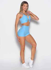 Women's <b>Blue</b> 2 Piece Sports Set Criss-Cross <b>Crop</b> <b>Top</b> High Waist Shorts Solid Color Knitted Breathable Summer Wear - Product Image 1
