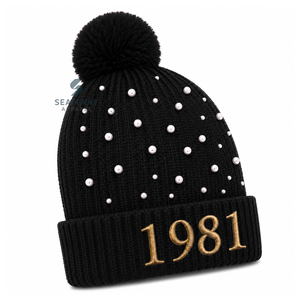 Bonnet en tricot acrylique pour femme NCBW, brodé, orné de perles, avec pompon, bord côtelé, bonnet d'hiver décontracté - Product Image 2