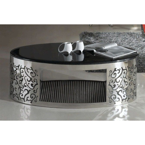 Table basse ronde moderne de luxe en acier inoxydable avec base creuse découpée au laser et plateau en verre trempé noir pour un style contemporain - Product Image 1
