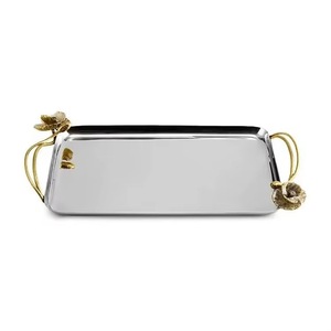 Rectangular Silver Mirrored Metal Decorative <b>Tray</b> with <b>Gold</b>-Plated Floral Handles - Product Image 5